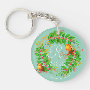 Christmas Wreath Monogram Light Teal Key Ring