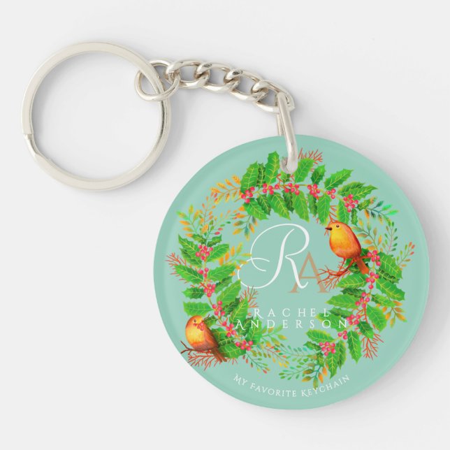 Christmas Wreath Monogram Light Teal Key Ring (Front)