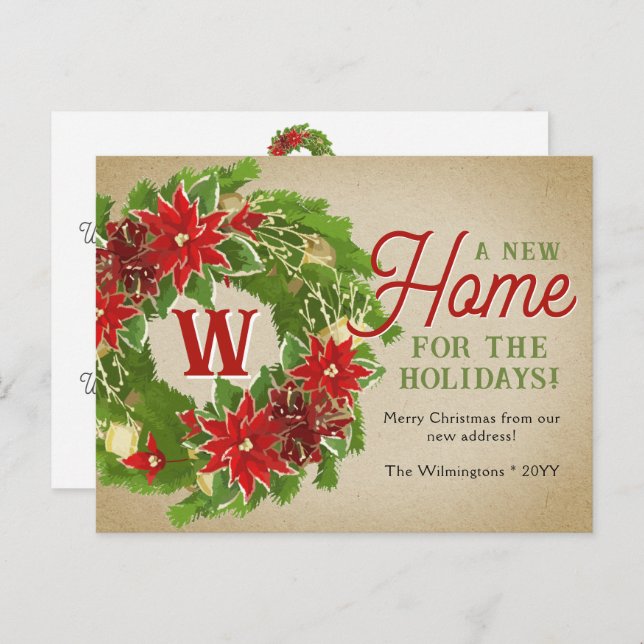 Christmas Wreath Monogram Moving Announcement Postcard (Front/Back)