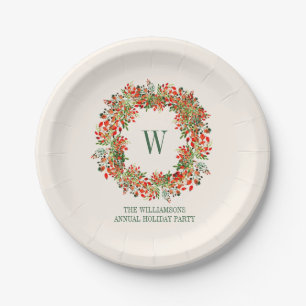 Christmas Wreath Monogram Name Holiday Party Paper Plate