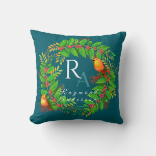 Christmas Wreath Monogram Ocean Blue Cushion