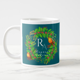 Christmas Wreath Monogram Ocean Blue Large Coffee Mug