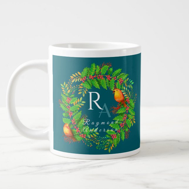 Christmas Wreath Monogram Ocean Blue Large Coffee Mug (Left)