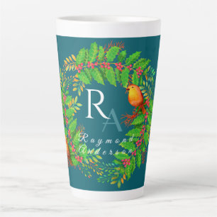 Christmas Wreath Monogram Ocean Blue Latte Mug