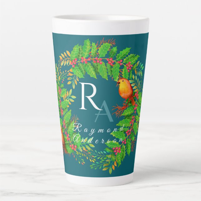 Christmas Wreath Monogram Ocean Blue Latte Mug (Front)