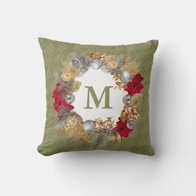 Christmas Wreath MONOGRAM Olive Green Cushion (Front)