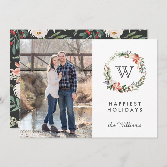 Christmas Wreath Monogram Photo Holidays | White Invitation (Front/Back)