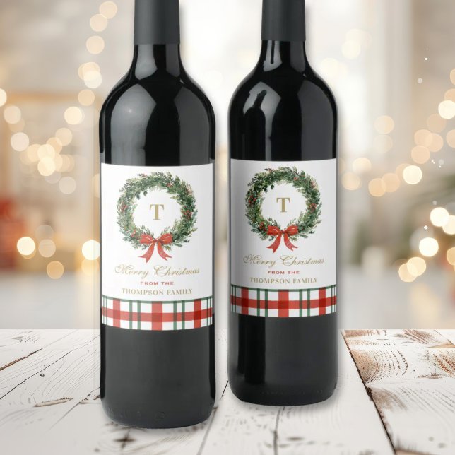 Christmas Wreath Monogram Plaid Family Name Wine Label (Creator Uploaded)