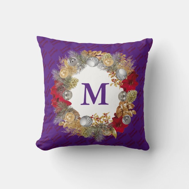 Christmas Wreath MONOGRAM Purple Cushion (Front)