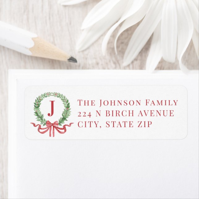 Christmas Wreath Monogram Return Address Label (Insitu)