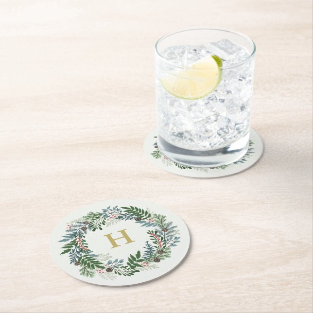 Christmas Wreath Monogram Round Paper Coaster (Insitu)