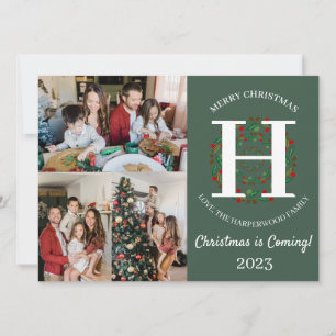 Christmas Wreath Monogram Script Family Photo Holiday Card