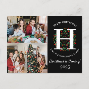 Christmas Wreath Monogram Script Family Photo Holiday Postcard