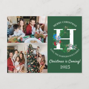 Christmas Wreath Monogram Script Family Photo Holiday Postcard