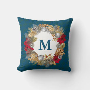 Christmas Wreath MONOGRAM Teal Blue Cushion