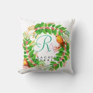 Christmas Wreath Monogram White Cushion