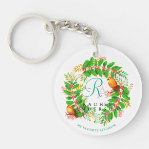 Christmas Wreath Monogram White Key Ring
