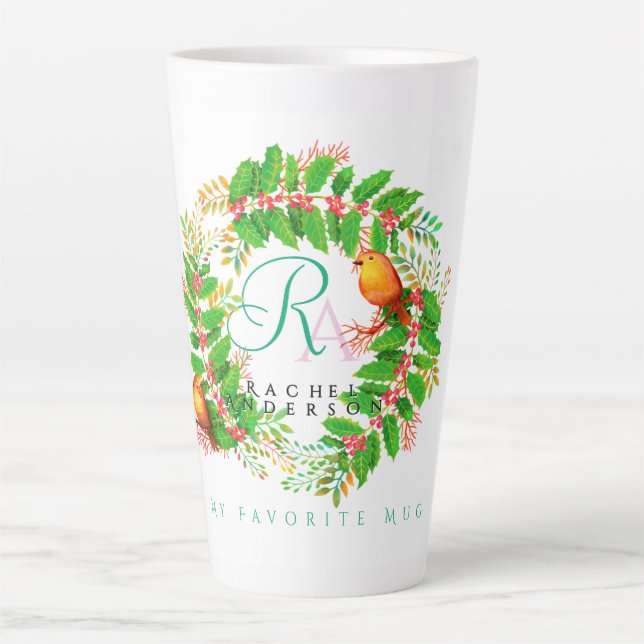 Christmas Wreath Monogram White Latte Mug (Front)