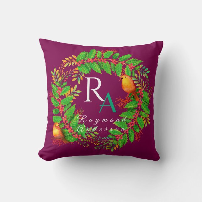 Christmas Wreath Monogram Wine Cushion (Front)