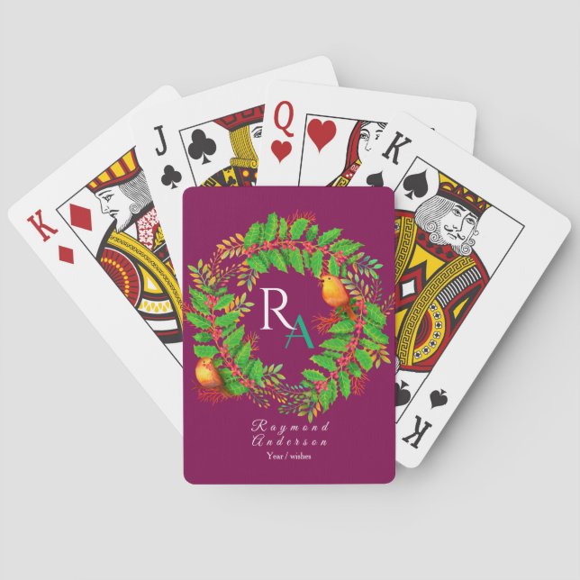 Christmas Wreath Monogram Wine Playing Cards (Back)