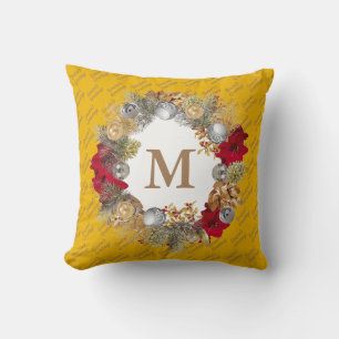 Christmas Wreath MONOGRAM Yellow Cushion