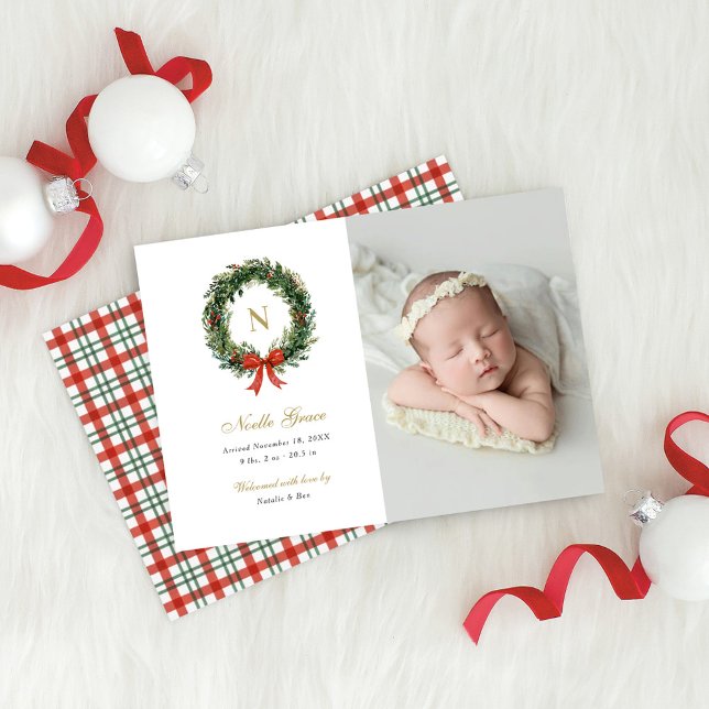 Christmas Wreath Newborn Girl Birth Photo Holiday Card (Creator Uploaded)