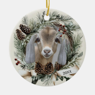 Christmas Wreath Nubian Goat  Ceramic Ornament