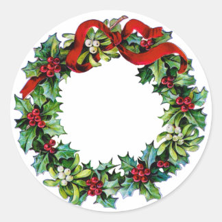 Christmas Wreath of Holly and MIstletoe Classic Round Sticker