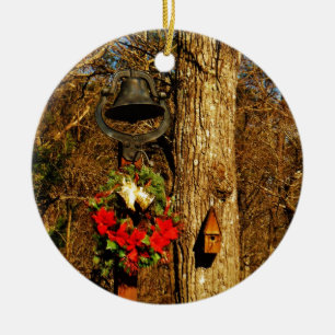Christmas Wreath Old Bells and Birdhouse Ceramic Tree Decoration