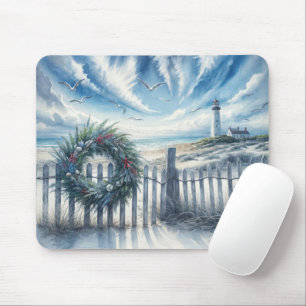 Christmas Wreath On a Beach Fence Mouse Pad