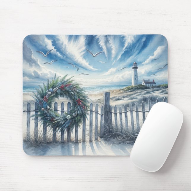 Christmas Wreath On a Beach Fence Mouse Pad (With Mouse)
