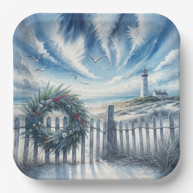 Christmas Wreath On a Beach Fence Paper Plate (Front)