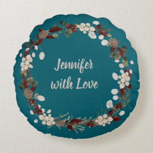 Christmas wreath on a rich teal named round cushion