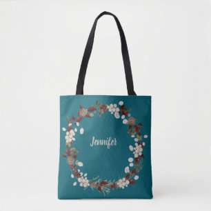 Christmas wreath on a rich teal named tote bag