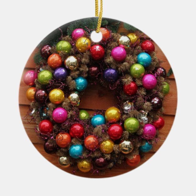 Christmas wreath on door - coloured balls ceramic ornament (Front)