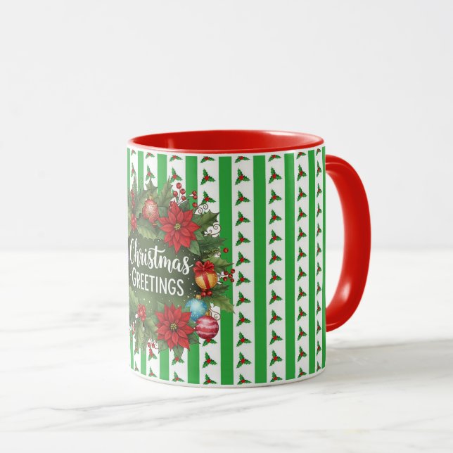 Christmas wreath on holiday colours mug (Front Right)