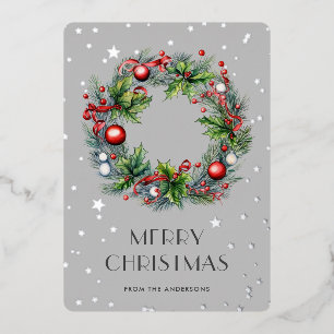 Christmas Wreath Ornaments Stars Foil Holiday Card