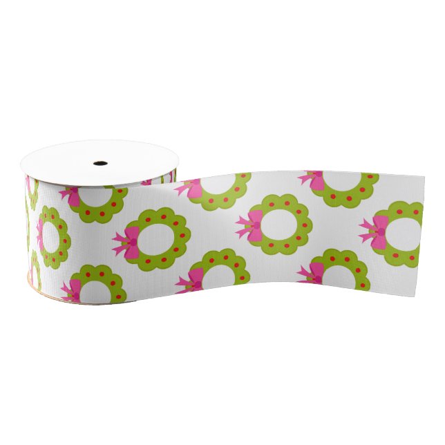 Christmas Wreath Pattern – Pink Bow Holiday Design Grosgrain Ribbon (Spool)