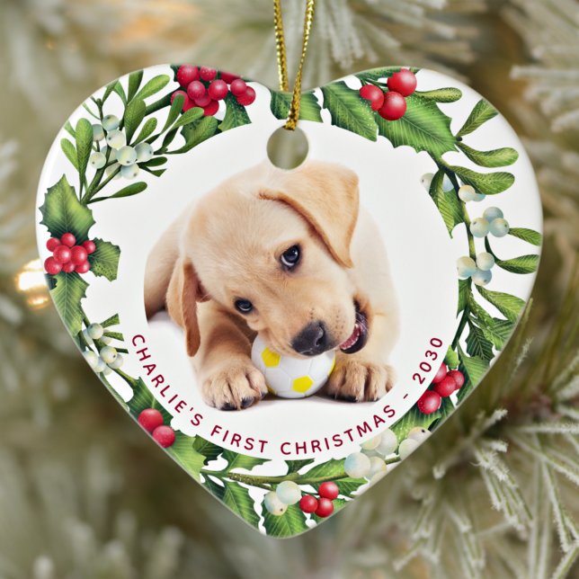 Christmas Wreath Personalised Dog Photo Heart Ceramic Ornament (Creator Uploaded)