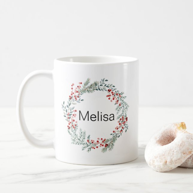 Christmas Wreath personalised Name Coffee Mug (With Donut)