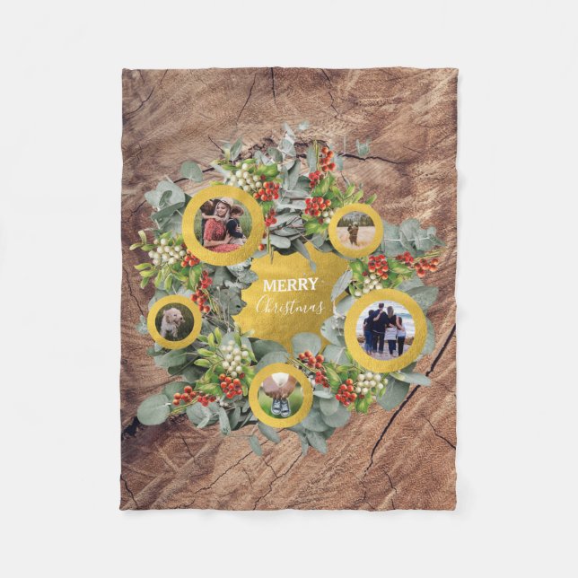 Christmas Wreath Photo Collage Holiday Photo Fleece Blanket (Front)