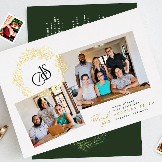 Christmas Wreath Photo Collage Logo Business Foil Holiday Card (Creator Uploaded)