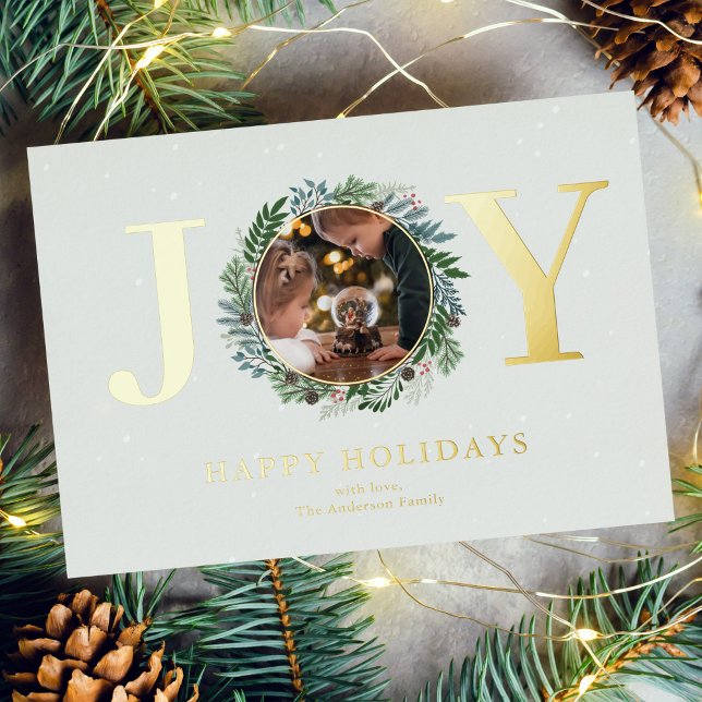 Christmas Wreath Photo Foil Holiday Card (Creator Uploaded)
