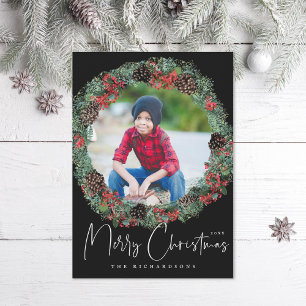 Christmas Wreath Photo Frame on Black Holiday Card