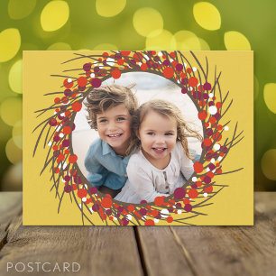 Christmas Wreath Photo Frame - yellow red Holiday Postcard