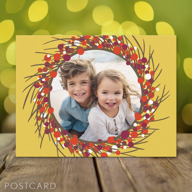 Christmas Wreath Photo Frame - yellow red Holiday Postcard (Holiday Photo Postcard)