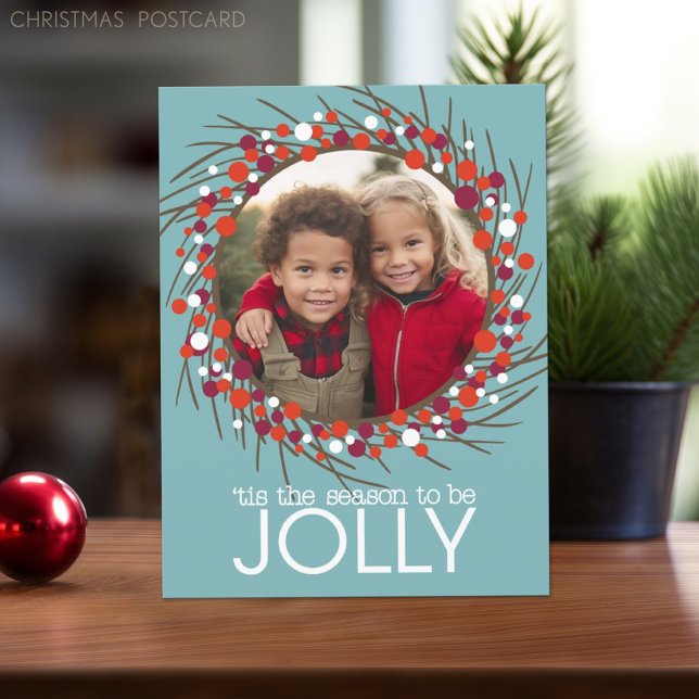 Christmas Wreath Photo Holiday Postcard (Christmas Postcard with Whimsical Berries and 1 photo)