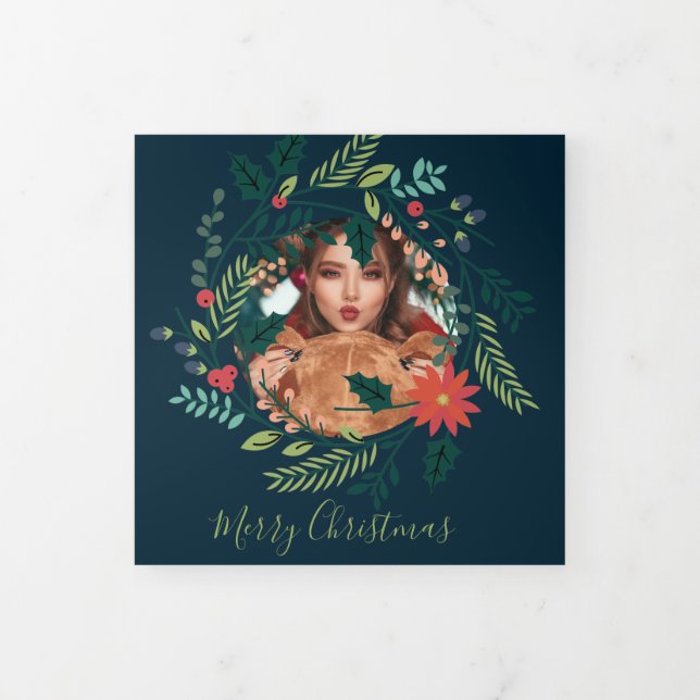 Christmas Wreath Photo Personalised Christmas Tri-Fold Holiday Card (Cover)