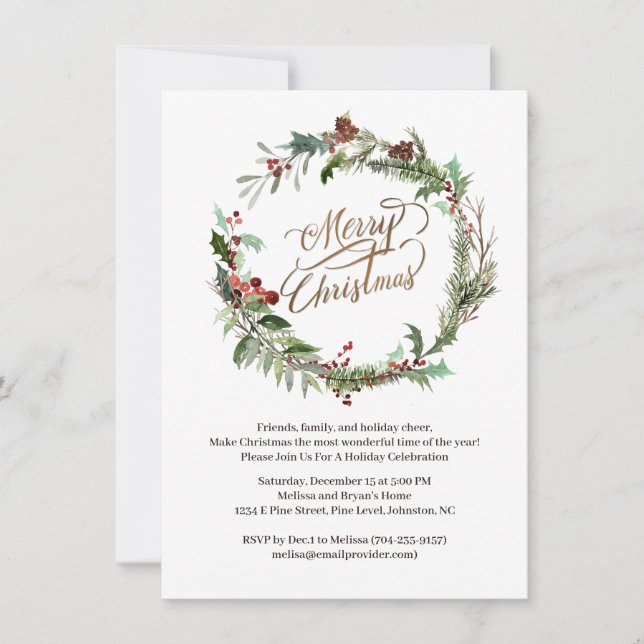 Christmas Wreath Pine Berry Holly Party Invitation (Front)