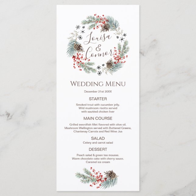 Christmas Wreath Pine Berry Snowflake Wedding Menu (Front)